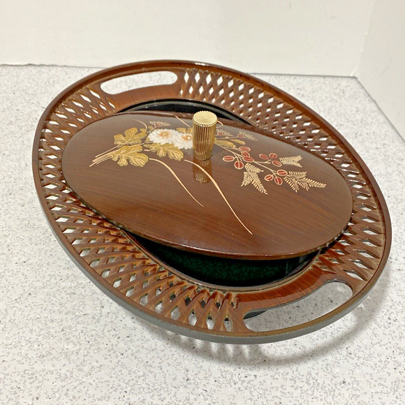 Vintage Asian Faux Wood Lacquer Lattice covered candy dish mid century floral - Picture 8 of 10